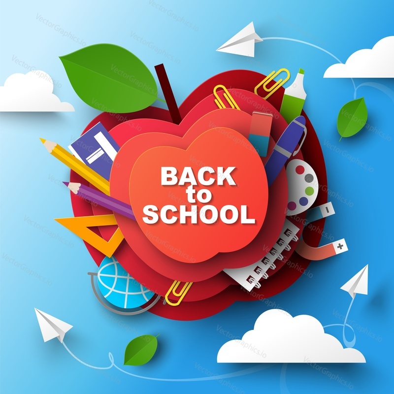 Zpět na školní papír art style vector design. Plakát s papírovým jablkem a studijními potřebami. Koncept online vzdělávání a e-learningu. Uvítací a uvítací banner pro reklamu a propagaci