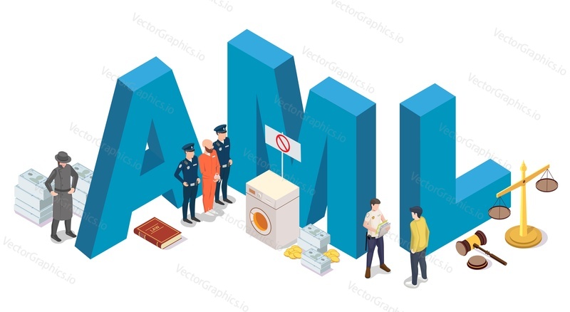 3d-вектор AML. Иллюстрация борьбы с отмыванием денег. Остановите коррупцию и незаконную бизнес-концепцию. Предупреждение о финансовом мошенничестве, процедура уголовного регулирования