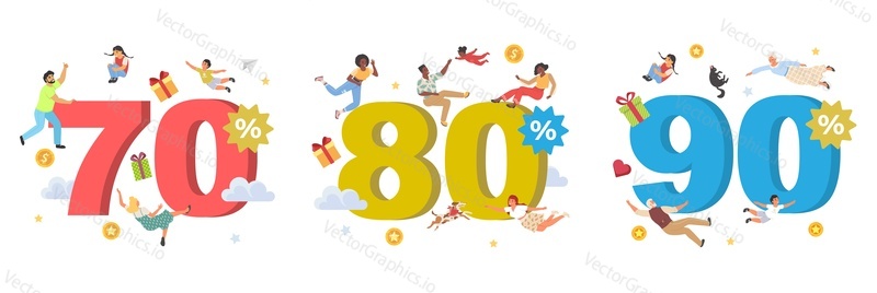 векторная иллюстрация со скидкой 70, 80, 90% от цены распродажи. Дизайн рекламной этикетки, стикера или бейджа с номером и счастливыми людьми. Покупка с объявлением о растаможке