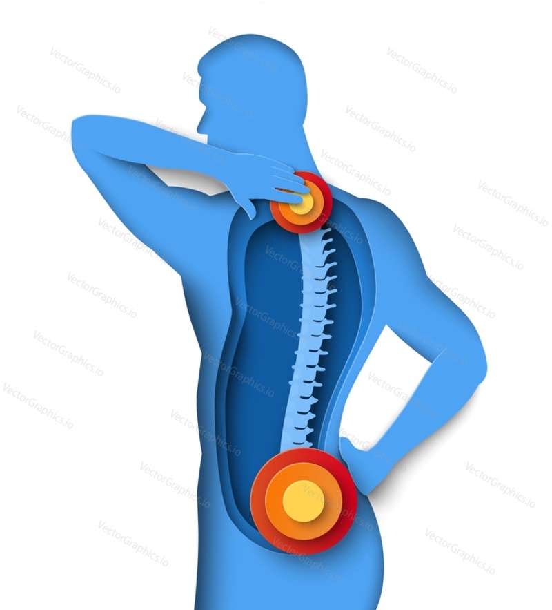 Man silhouette with neck and back ache points paper cut origami vector illustration. Male persont suffering from spinal pain. Medicine, healthcare and painkillers advertisement concept