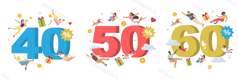 векторная иллюстрация со скидкой на распродажу по цене 40, 50, 60. Множество огромного количества плавающих счастливых людей, получающих бонус в виде подарочной коробки за оформление покупок. Оформление рекламы и маркетинговое продвижение