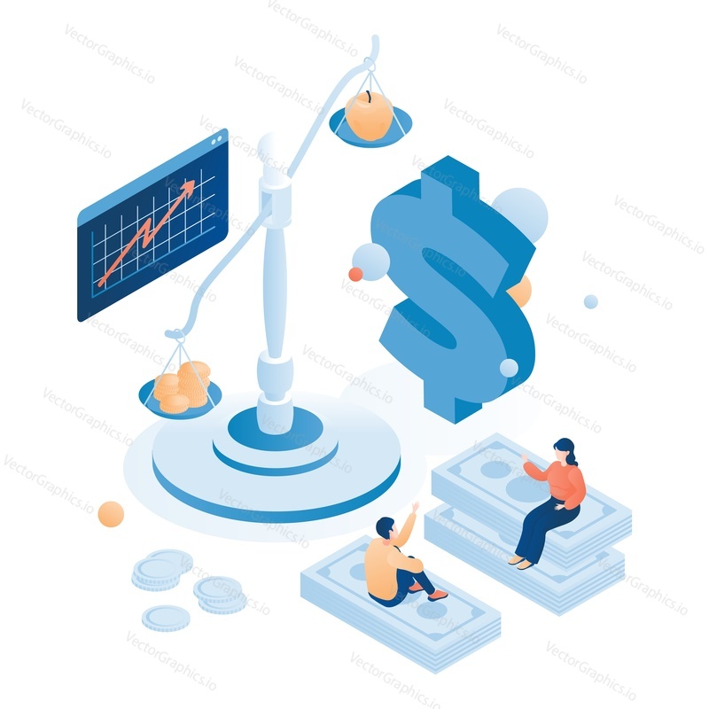 Инфляция в экономике, плоская векторная изометрическая иллюстрация. График со стрелками растущих цен, знак доллара, весы, люди, сидящие на стопках денег. Влияние инфляции на экономику, финансовый рынок.