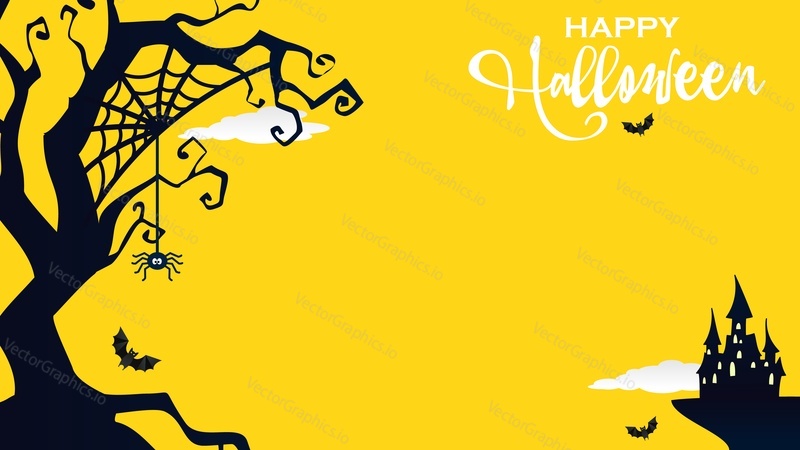 Šťastný Halloween vektorový plakát s kopírovacím prostorem. Strašidelný strašidelný dům, strašidelný strom s pavoukem a létajícím netopýrem na žlutém pozadí. Říjnová párty, podzimní tradiční svátek