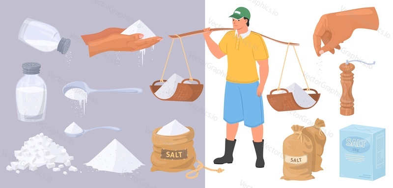 Solný prášek a krystalový vektor izolovaná sada. Mísa, láhev, pytel a hromada koření. Saltshaker a člověk nesoucí přírodní organický minerál sodíku. Výroba koření