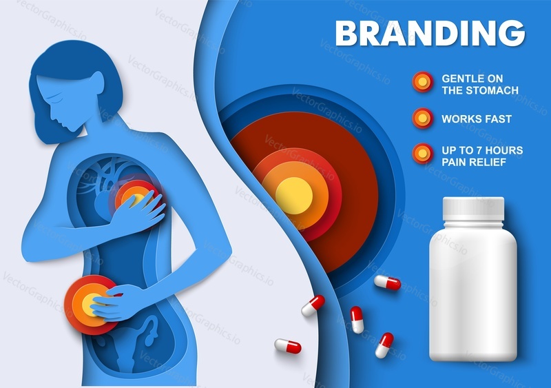 Painkiller medical product branding vektorový plakát. Silueta ženy trpící bolestí žaludku a srdce ilustrace ve stylu 3D střihu papíru. Koncepce medicíny, farmacie a zdravotní péče