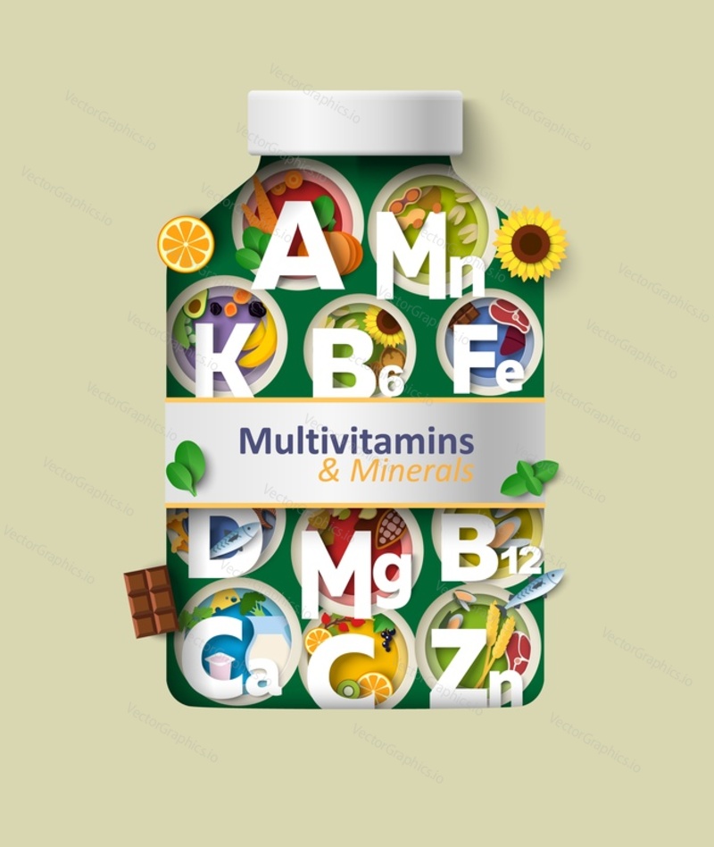 Vitamínový a minerální doplněk stravy ve vektorovém designu lahví. Ilustrace balení antioxidantů. Koncept zdravé výživy, wellness a léků. Papír řezané řemeslo origami design