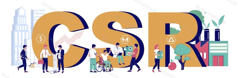 Vektor společenské odpovědnosti firem. CSR plochý plakát. Strategie pro koncept udržitelných a spravedlivých práv. Firemní týmová práce organizace a řízení ilustrace