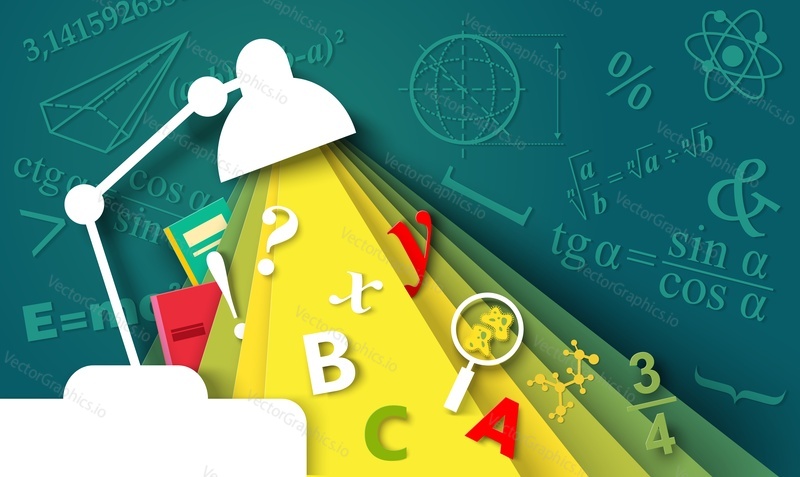 Zpět na školní papír řez umění vektor. Stolní lampa s písmenem abc, matematika, fyzikální, geometrický, chemický, trigonometrický vzorec na tabuli trojrozměrný design vrstvy ilustrace
