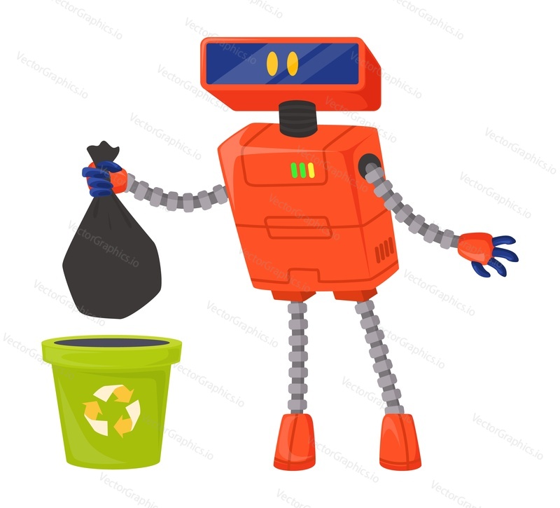Robot assistant take trash out vector flat icon izolovaných na bílém pozadí. AI robotický stroj pracovní práce, dělá domácí práce ilustrace. Koncept futuristické technologie umělé inteligence