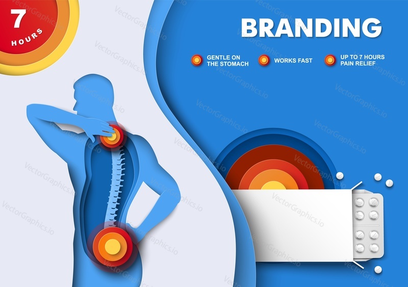 Pilulky na bolesti těla, artritida léčba onemocnění vektor reklama. Branding plakát, banner nebo webové stránky design šablony. Ilustrace propagace Painkiller