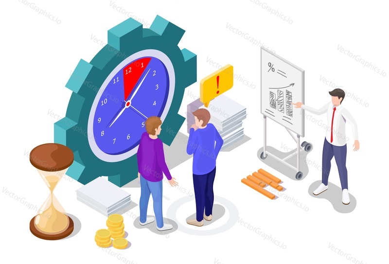Офисные работники смотрят на часовой механизм, бизнесмен проводит презентацию, песочные часы, плоская векторная изометрическая иллюстрация. Концепция тайм-менеджмента и бизнес-стратегии.