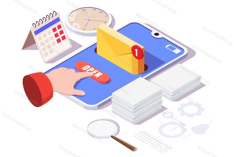 Смартфон с конвертом электронной почты, кнопка открытия на экране, плоская векторная изометрическая иллюстрация. Уведомление по электронной почте или сообщению.