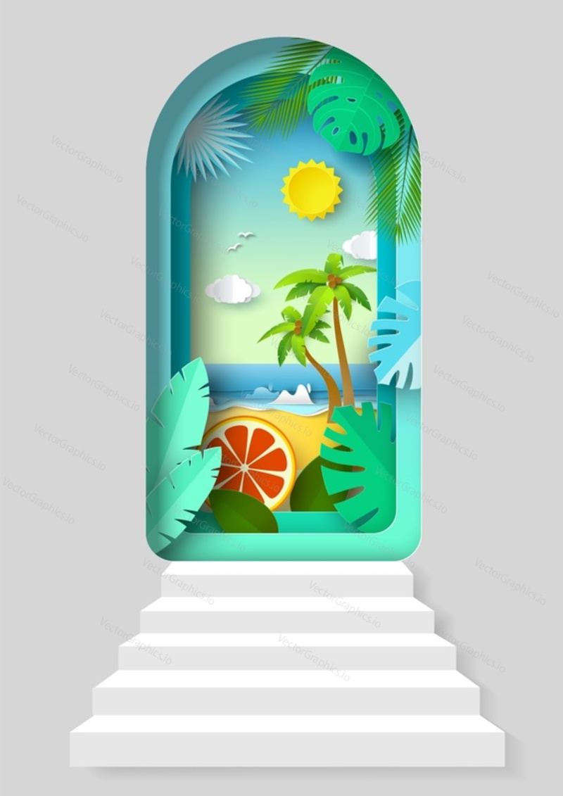 Dveře v létě papír řez vektorové řemeslo plakát. Otevřené dveře s tropickou mořskou plážovou scenérií. Letní koncept. Cestování a Dovolená Ilustrace