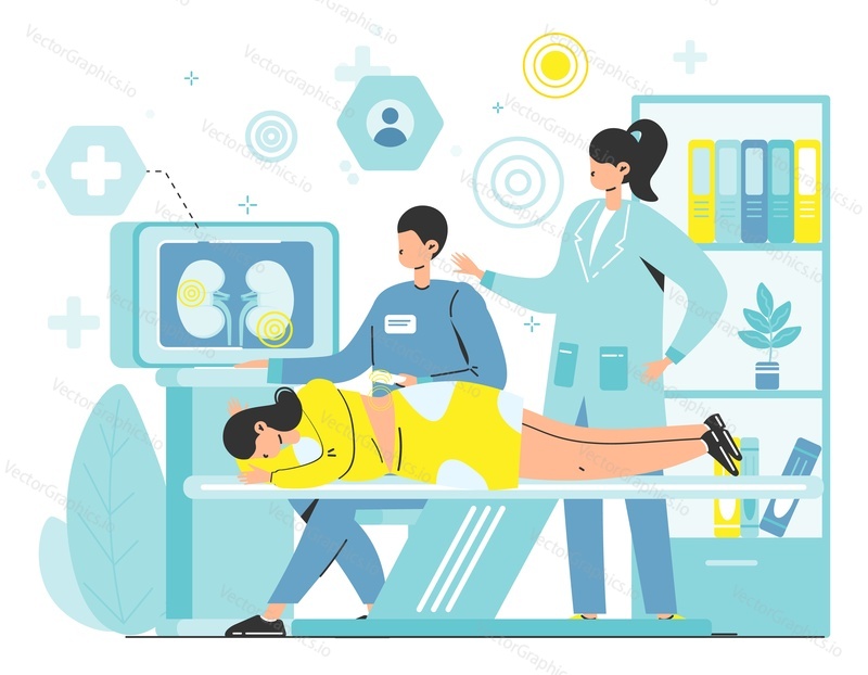 Kidney ultrasound procedure in medical lab vector. Doctor and nurse providing patient examination with ultrasonography device. Healthcare, disease diagnosis and medicine concept