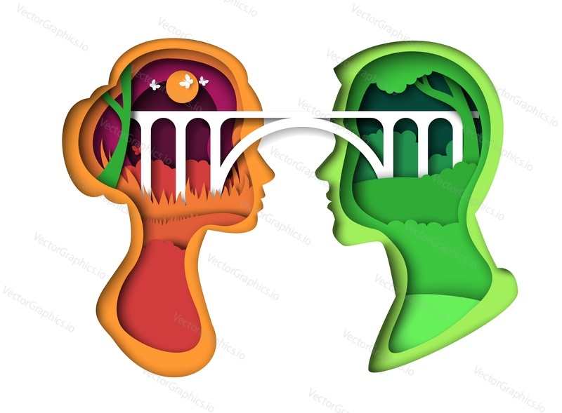 People relationship. Couple dialogue, man and woman communication illustration. Relation bridges building concept. Paper cut craft style poster