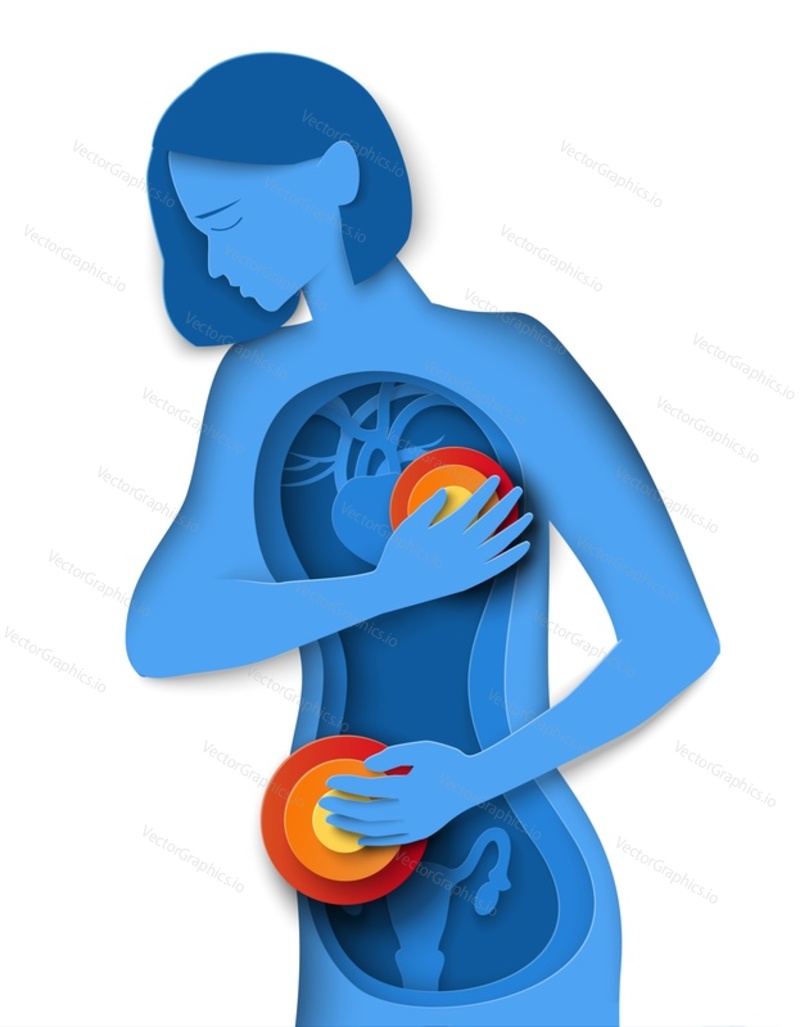 Woman with heart ache and premenstrual syndrome paper cut origami vector illustration. Abdomen pain and heartache problem. Medicine, healthcare and painkillers advertisement concept