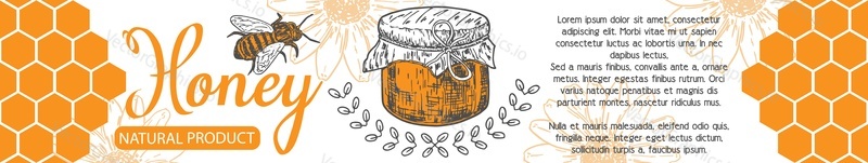 Honey natural product label vector design with text. Commercial badge for package and brand poster mock up. Organic nutrition promotion