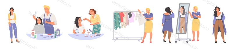 Stylish woman vector set. Young girl caring about beauty and appearance illustration. Female character getting hair style and coloring, makeup and buying fashionable trendy outfit