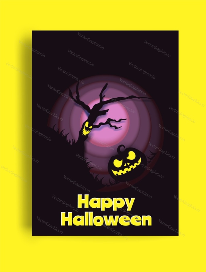Happy Halloween greeting card with vector spooky tree and creepy pumpkin jack-o-lantern illustration. Invitation poster for sale promotion marketing campaign or October holiday celebration