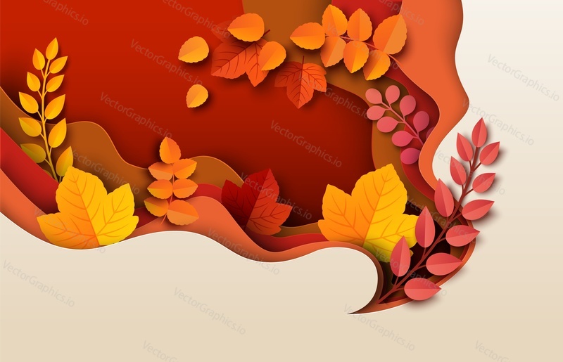 Podzimní papír řezané pozadí. Fall origami umělecký styl plakát s list stromu a větve ilustrace. Kreativní dekorace listů s reklamním nebo propagačním textem