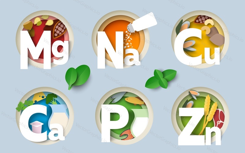 Nutrition minerals paper cut art style vector. Magnesium, sodium, copper, phosphorus, calcium and zinc food component illustration. Vitamin supplement for healthy eating diet infographic poster