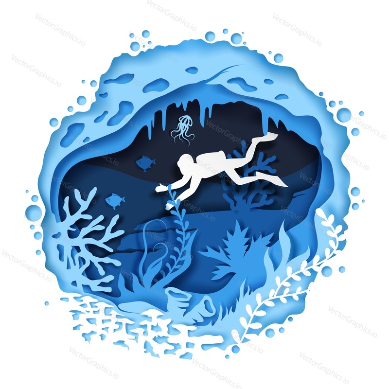 Vector diver swimming. Underwater sea cave with coral reef fish seaweed paper cut craft art illustration. Scuba diving poster