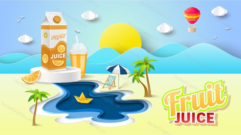 Ovocná šťáva papír řez reklamní vektor. Propagační plakát se zdravým nápojovým balíčkem přes oceán nebo moře Beachside origami styl ilustrace