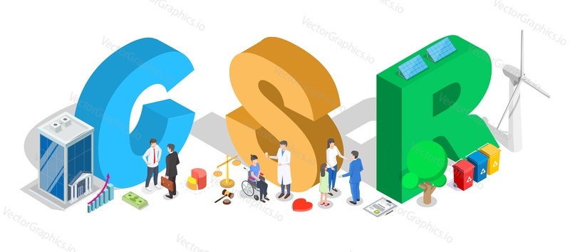 Изометрическая аббревиатура CSR 3d. Этичный и честный вектор ведения бизнеса. Иллюстрация корпоративной социальной ответственности с крошечными человечками