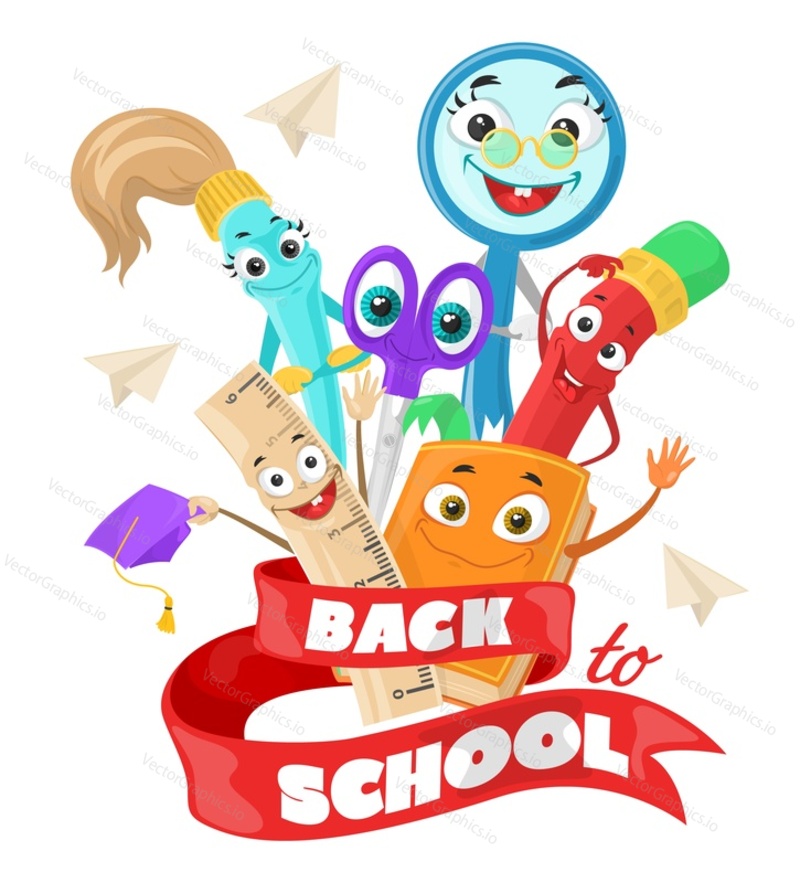 Zpátky do školy plakát. Září prodej kreativní vektor. Koncepce vzdělávání. Studie dodává maskot ilustrace s propagační stuhou. Online třída reklama. Psaní a učení příslušenství prodej