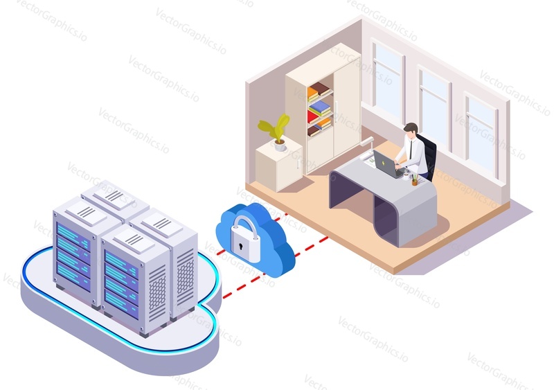 Podnikatel pracuje na notebooku pomocí cloudového systému, ploché vektorové izometrické ilustrace. Ukládání dat, technologie cloud computingu.