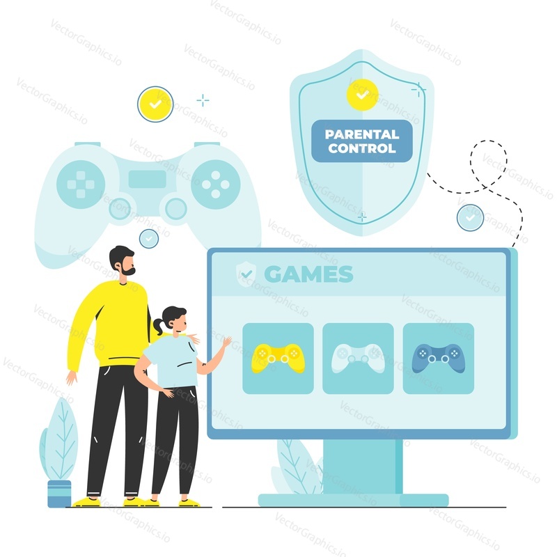 Родительский контроль для игр, плоская векторная иллюстрация. Защитный экран, игровой контроллер, отец с дочерью смотрят видеоигры, в которые разрешено играть на экране компьютера.