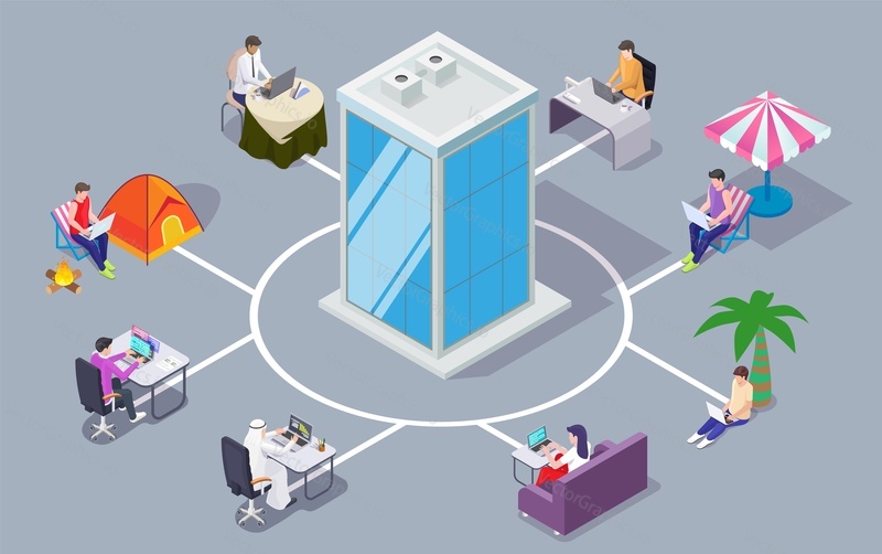 Remote hybrid working and freelance 3d vector illustration. People team work from home, beach, cafe restaurant resort, forest camping or office all over world infographic. Effective online business concept