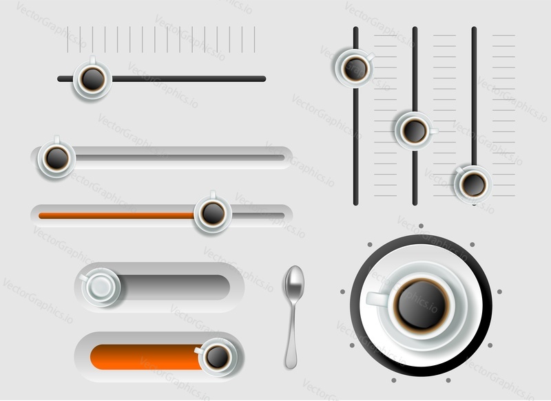 Coffee Cup volume dial a úroveň výkonu realistické vektorové izolované sady. Měřítko knoflík, tlačítko a přepínač ilustrace. Pohled shora na šablonu návrhu měřidla