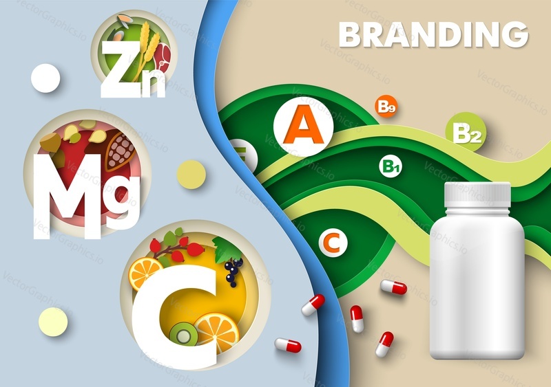 Vitamin and supplements branding design. Vector jar and pills illustration for presentation. Mockup bottle for organic product and dieting pills. Pharmacy packaging template