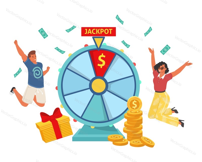 Happy winners vector. Excited people winning jackpot prize illustration. Spinning fortune wheel lottery and money gift for reward
