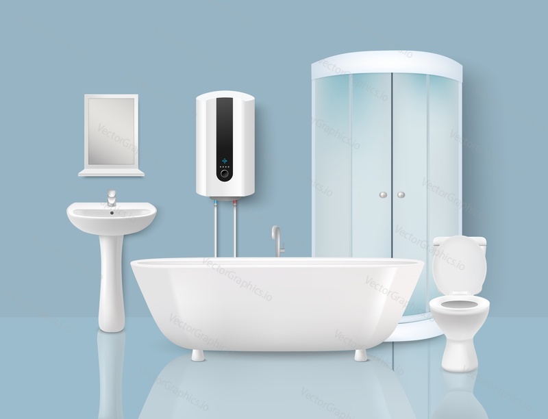 Bathroom realistic vector modern design interior illustration. Bath, toilet, sink with mirror, shower cabin, water boiler equipment. Sanitary engineering and plumbing concept