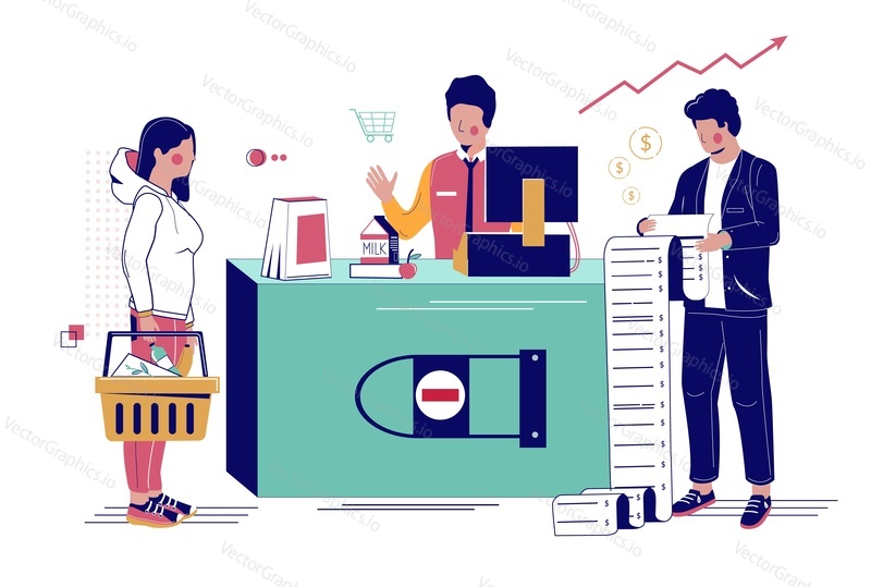 Люди шокированы вектором роста цен на продукты питания. Иллюстрация грустного клиента за стойкой. Рост цен на продукты питания. Концепция экономического кризиса