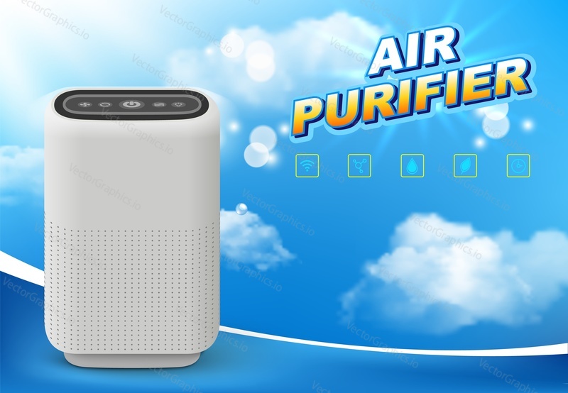 3d realistic vector air humidifier device for house. Room purifier, ionizer and cleaner system advertisement. Domestic appliance for healthy home microclimate control promotion poster