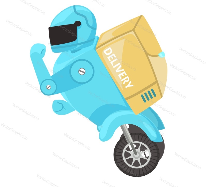 Smart wheeled robot assistant pomáhá s doručením balíčku vektorové ploché ikony izolovaných na bílém pozadí. Futuristická služba, koncept robotické technologie AI