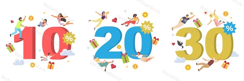 векторная иллюстрация со скидкой 10, 20, 30% от цены распродажи. Счастливые крошечные человечки, летающие над огромным количеством конструкций. Продвижение маркетинговые и рекламные материалы