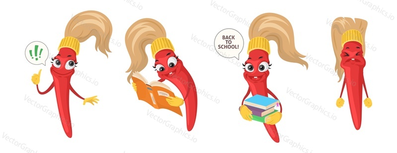 School brush character vector set isolated on white background. Cute cartoon mascots with different expression and facial emotion. Back to school elements illustration