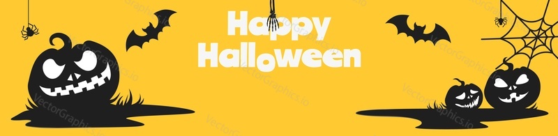 Happy Halloween banner. Vector background with pumpkin, spider web and flying bat illustration. Spooky autumn holiday invitation. October party event greeting