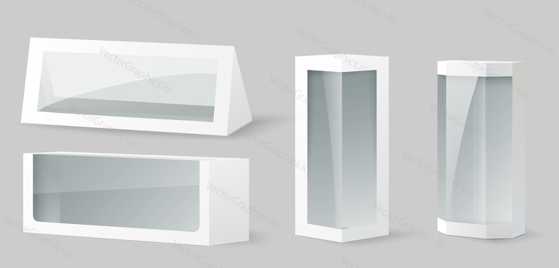 Bílá lepenková krabička s průhledným plastovým oknem prázdná 3D maketa vektorový design. Velký papír balení šablony jiný tvar izolované sady