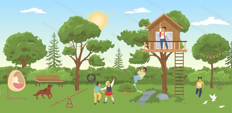 House on tree. Playground landscape. Vector children play in park with treehouse and swing. Kindergarten, school garden or outdoor summer camp