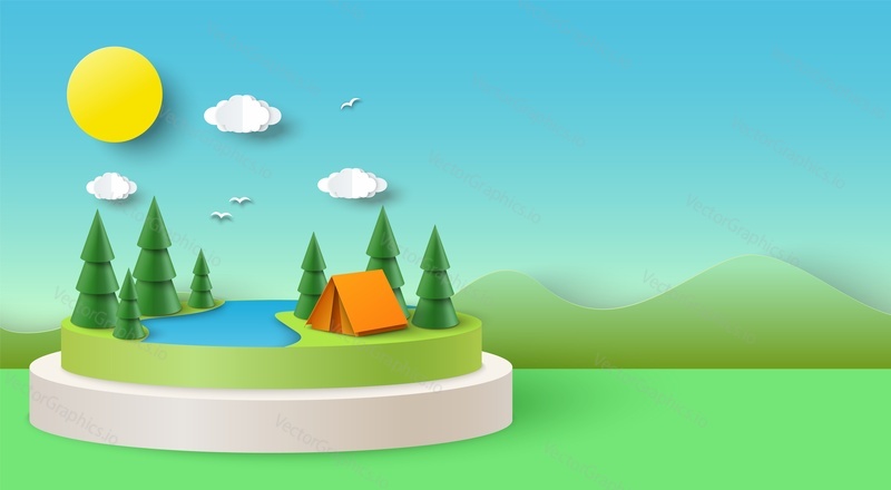 Summer forest camping background paper art style. Camp on river 3d vector design over mountain banner. Travel poster. Adventure on nature