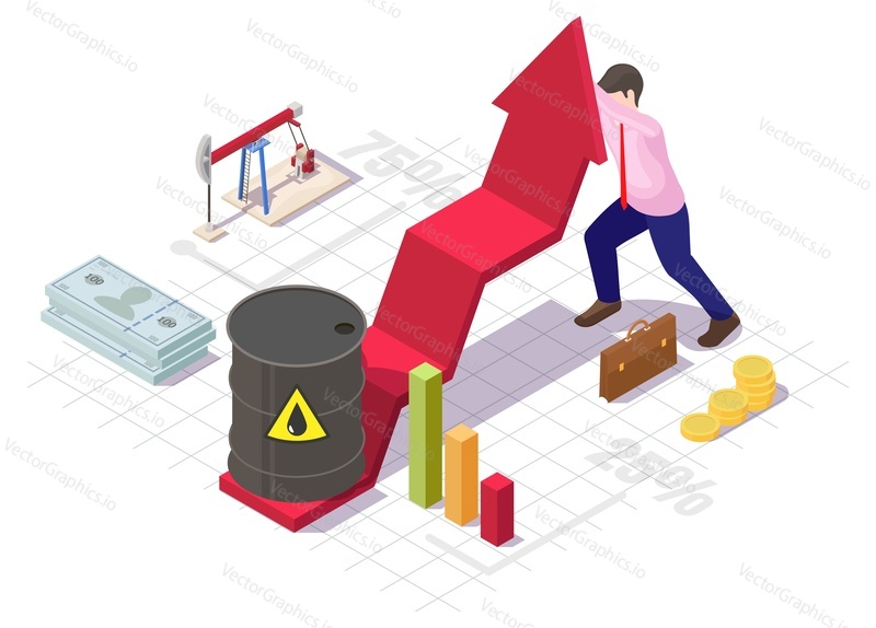Сцена вектора роста цен на нефть. Подрастающий бизнесмен Эрроу. Контейнер-цистерна для нефтепродуктов, статистическая диаграмма и график фондового рынка, плоский дизайн стопки наличных денег