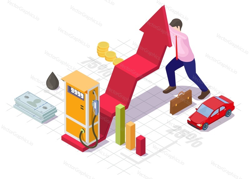 Концепция роста цен на бензин. Вектор роста цен на нефть. Бизнесмен держит высоко поднятую стрелку увеличения. Нефтяная заправочная станция, автомобиль, наличные деньги, график фондового рынка и диаграмма