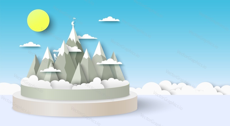 Mountain landscape. Vector paper cut art craft style. Snow hill, sky, sun and cloud origami abstract background. Winter nature 3d scenery for travel poster