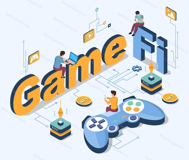 Koncept Gamefi. Blockchain game vector 3D izometrický plakát. Crypto, NFT art, token a zastupitelné finance. Lidé vydělávají peníze v metaverse.