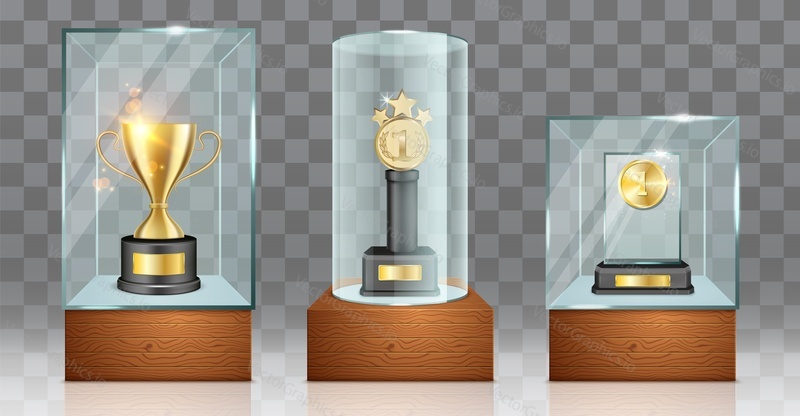 Витрина с макетом хрустального приза Glass trophy awards. 3d медаль или кубок-трофей для векторного дизайна победителя. Пустая награда роскошная реалистичная подставка, изолированная на прозрачном фоне